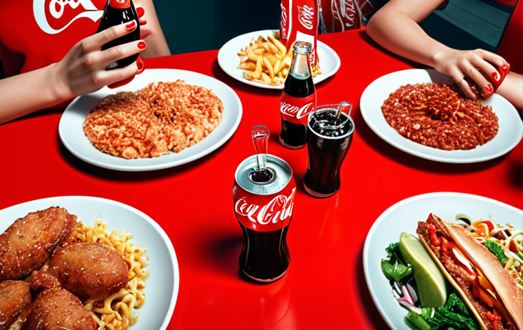 **
Vibrant food advertisement featuring the color red. Energetic atmosphere with people enjoying the meal. Coca-Cola branding subtly incorporated.
**