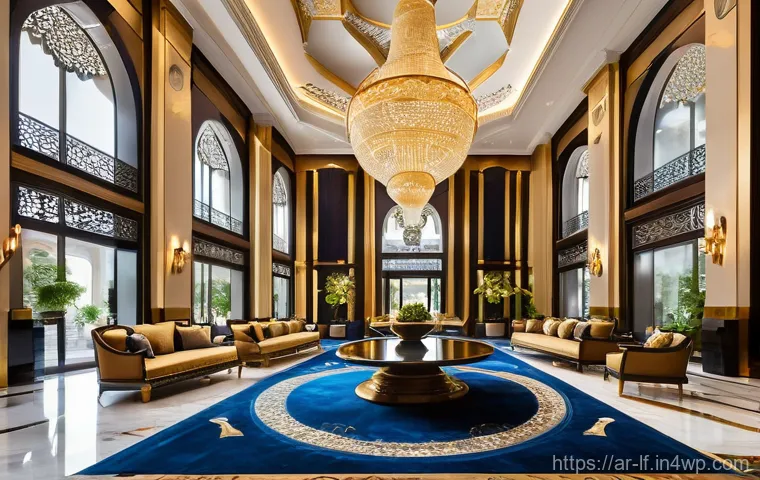 색채 심리학을 이용한 호텔 인테리어 - Prompt 1: Luxurious Arabian-Inspired Hotel Lobby**