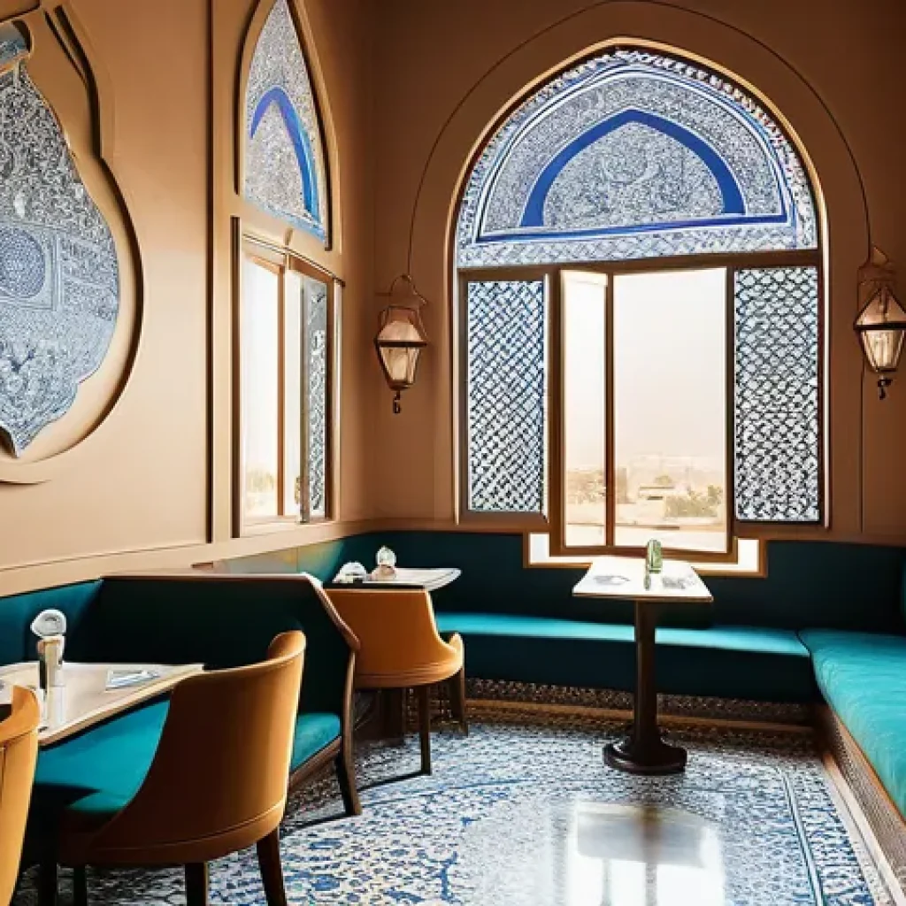 색상별 마케팅 전략과 공간 디자인 - A serene and inviting traditional Arabic cafe interior, bathed in soft, warm earthy tones with elega...
