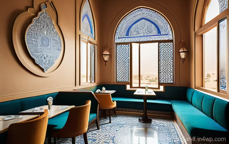 색상별 마케팅 전략과 공간 디자인 - A serene and inviting traditional Arabic cafe interior, bathed in soft, warm earthy tones with elega...
