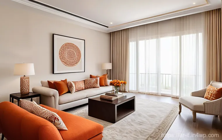 공간 분위기와 색의 상관관계 - **Spacious and Welcoming Arab Living Room with Warm Accents**
    An expansive, sun-drenched modern ...