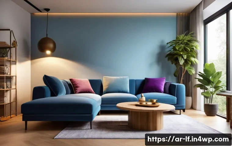 컬러 테라피를 활용한 공간 디자인 - A modern living room interior showcasing a harmonious blend of warm and cool colors, featuring light...