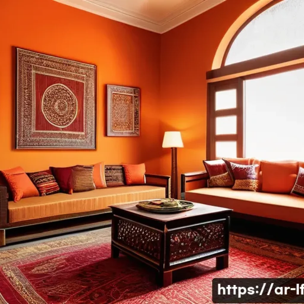 효과적인 색상 배치로 삶의 질 향상 - A cozy Arabic living room scene featuring warm colors like deep reds and vibrant oranges on the wall...