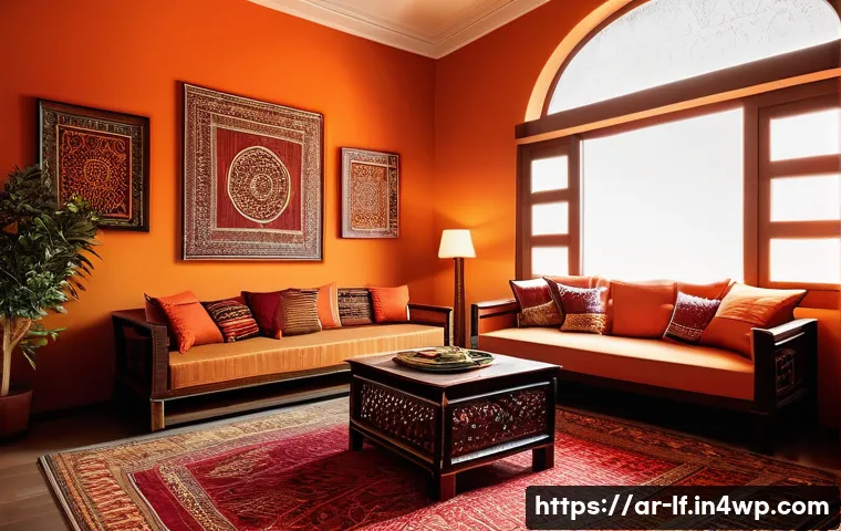효과적인 색상 배치로 삶의 질 향상 - A cozy Arabic living room scene featuring warm colors like deep reds and vibrant oranges on the wall...