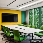 색상에 따른 감정 변화 분석 - A modern Arabic office interior featuring a harmonious blend of colors that influence productivity a...