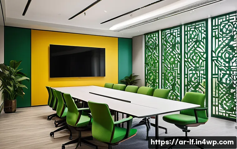 색상에 따른 감정 변화 분석 - A modern Arabic office interior featuring a harmonious blend of colors that influence productivity a...