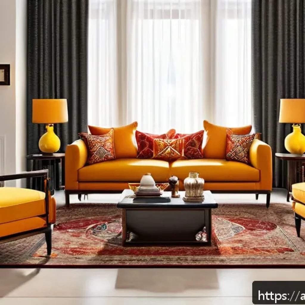 여러 색상의 시각적 효과 비교 - A modern living room interior designed to evoke warmth and energy, featuring vibrant warm colors lik...