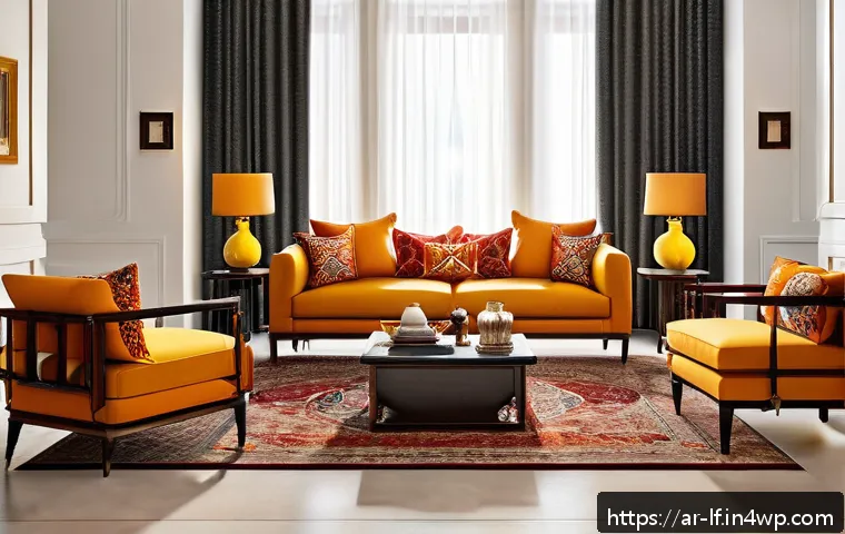 여러 색상의 시각적 효과 비교 - A modern living room interior designed to evoke warmth and energy, featuring vibrant warm colors lik...