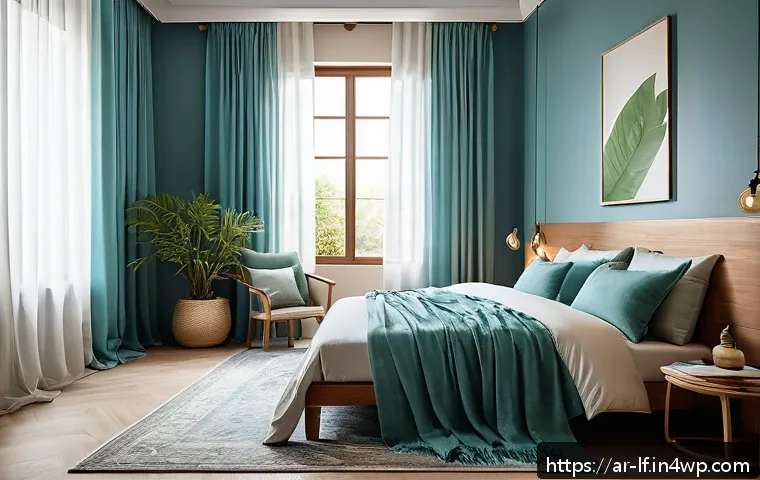 색상 선택의 심리적 배경 이해하기 - A serene and calming bedroom interior designed with soft blue and green tones, featuring a comfortab...