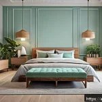 공간의 기능에 따른 색상 선택법 - A modern Arabic-style bedroom designed for relaxation and deep sleep, featuring soft pastel blue wal...