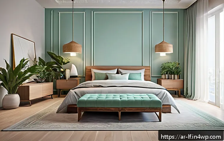 공간의 기능에 따른 색상 선택법 - A modern Arabic-style bedroom designed for relaxation and deep sleep, featuring soft pastel blue wal...