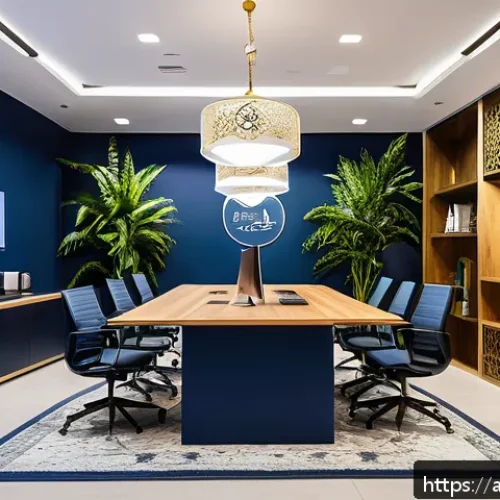 색채 심리학을 통한 브랜드 공간 연출 - A vibrant modern office environment designed for an Arabic startup, featuring a sleek logo with a de...
