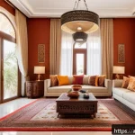 색상 관리와 공간 디자인의 관계 - A modern living room interior designed for an Arabic family home, featuring warm colors like beige, ...