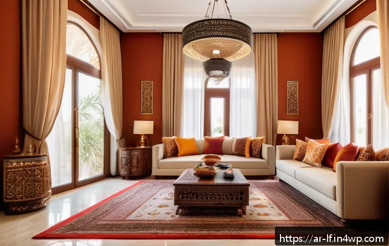 색상 관리와 공간 디자인의 관계 - A modern living room interior designed for an Arabic family home, featuring warm colors like beige, ...