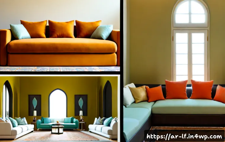 계절별 색상 적용과 공간 변화 - Photorealistic split-view interior of a modern Arab family living room showing seasonal color transf...